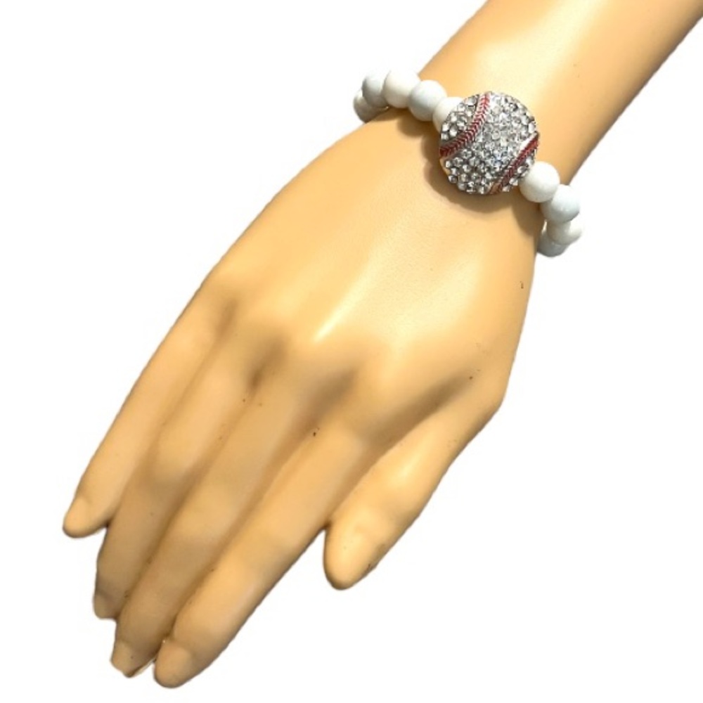 New Swarovski Crystal Stones Baseball Bracelet with White & lite Gray Beads